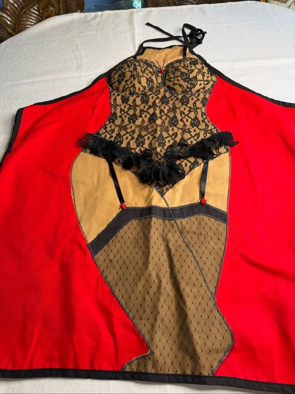 Mullins Square Lingerie Pin Up Novelty Apron Black Lace Red One Size